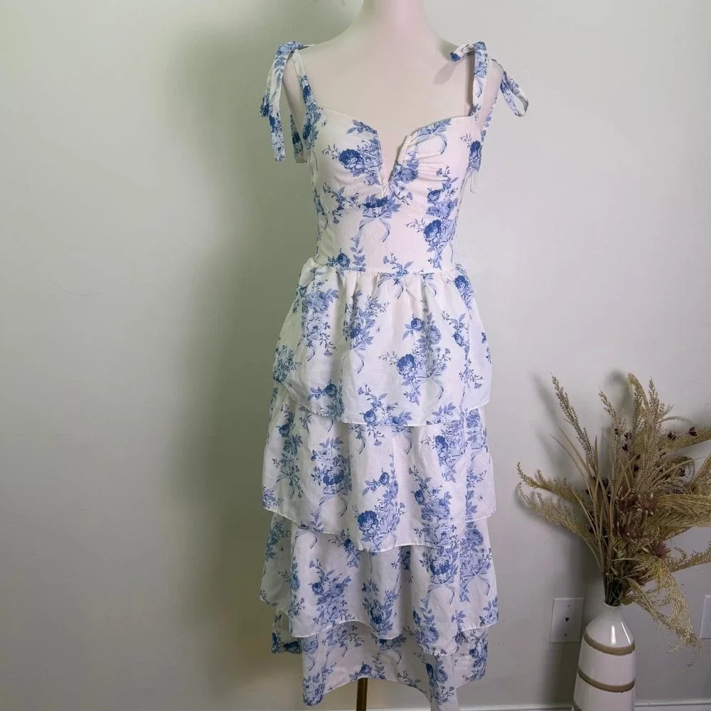 Crystal Doll Blue White Floral Tie-Strap Tiered Midi Dress - Size Medium - Picture 1 of 8